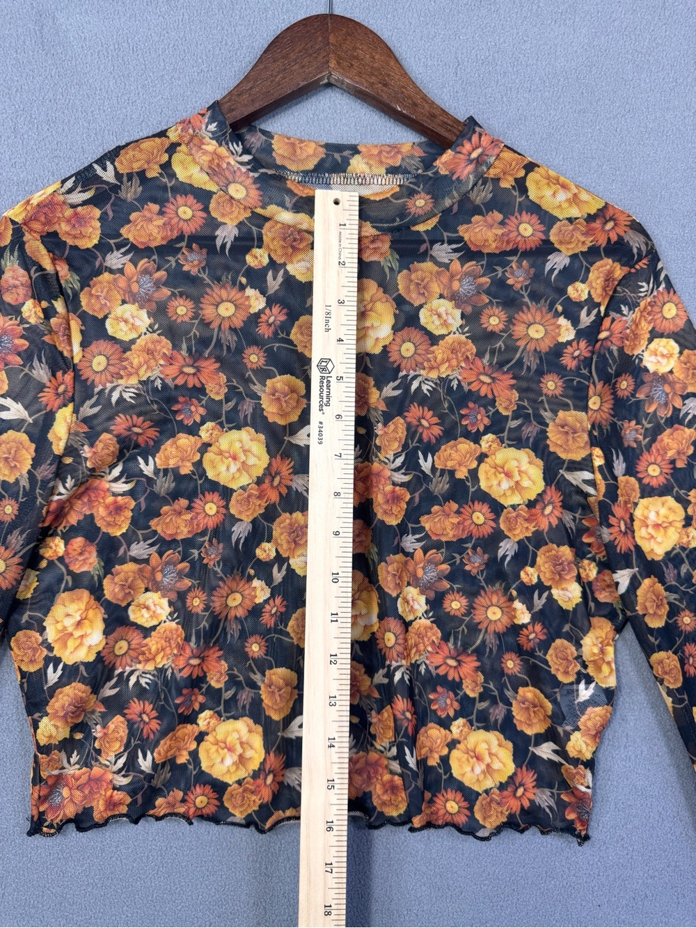Boho Sheer Floral SheerLong Sleeve Crop Top Black with Orange Yellow Flowers, XL - Picture 7 of 14